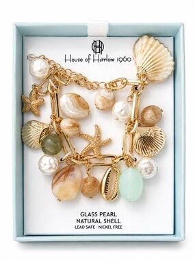 House of Harlow 1960 Coastal Charm Bracelet Gold Shell Pearl NWT Gift Box